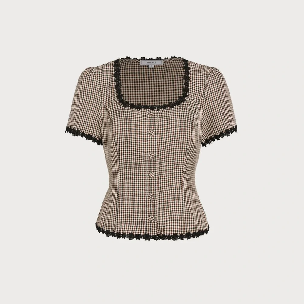 Coffee Square Neck Plaid Blouse - Picture 6 of 9